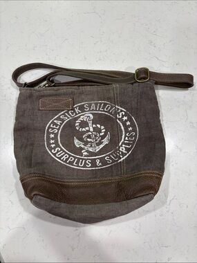 Clea Ray Seasick Sailors Brown Canvas Crossbody Bag with Anchor Print
